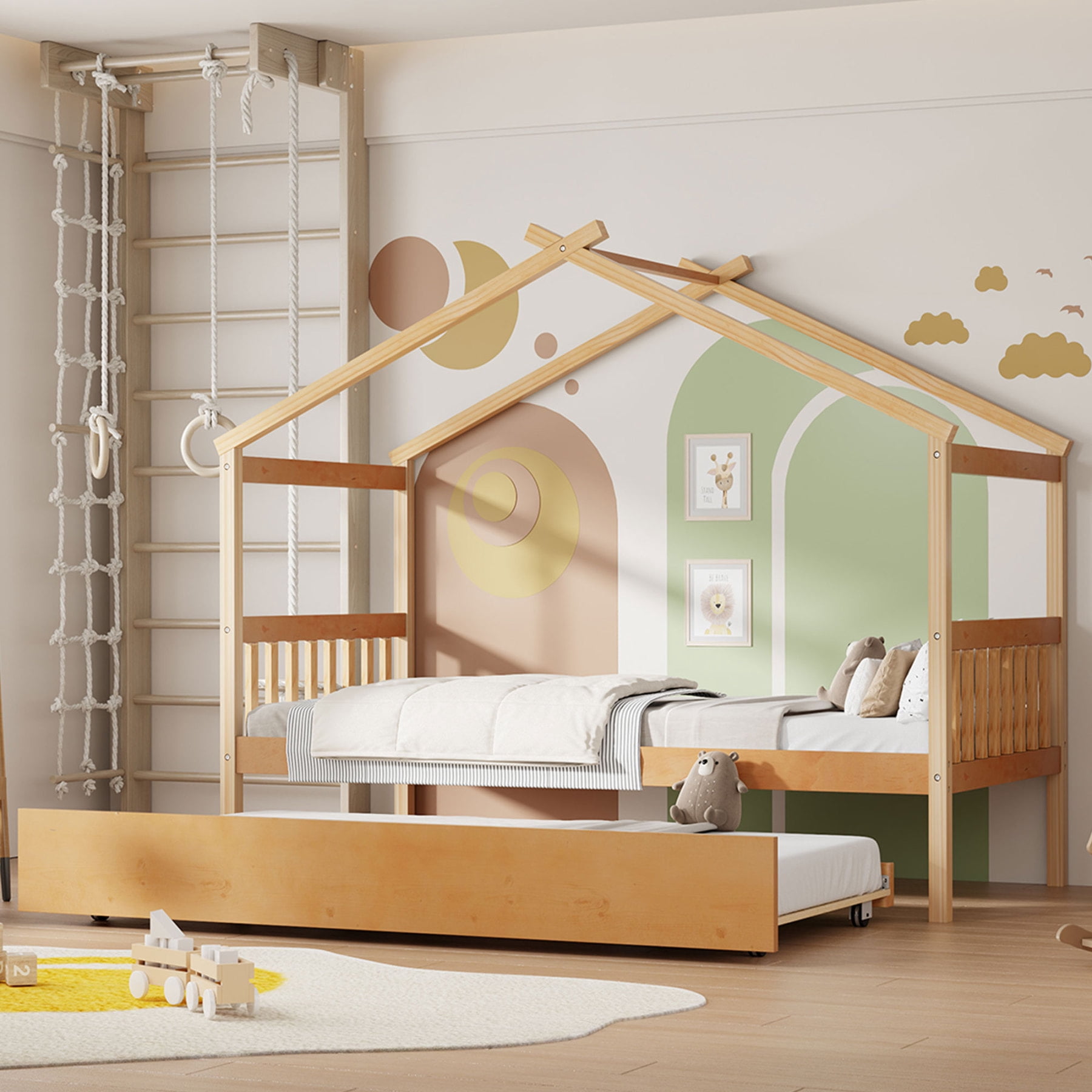 Harper & Bright Designs Twin Size Wooden House Bed with Trundle, Wood Montessori Daybed Frame with Roof, Natural