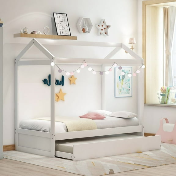 Harper & Bright Designs Twin Size Wooden House Bed with Trundle and Roof, House Bunk Bed Can Be Decorated, White