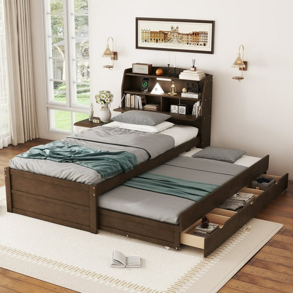 Harper & Bright Designs Twin Size Wooden Platform Bed with Trundle and 3 Drawers Underneath, Wooden Bedframe with Headboard Storage and Built-in USB & LED Light, Espresso