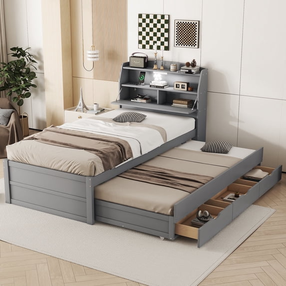 Harper & Bright Designs Twin Size Wooden Platform Bed with Trundle and 3 Drawers Underneath, Wooden Bedframe with Headboard Storage and Built-in USB & LED Light, Gray