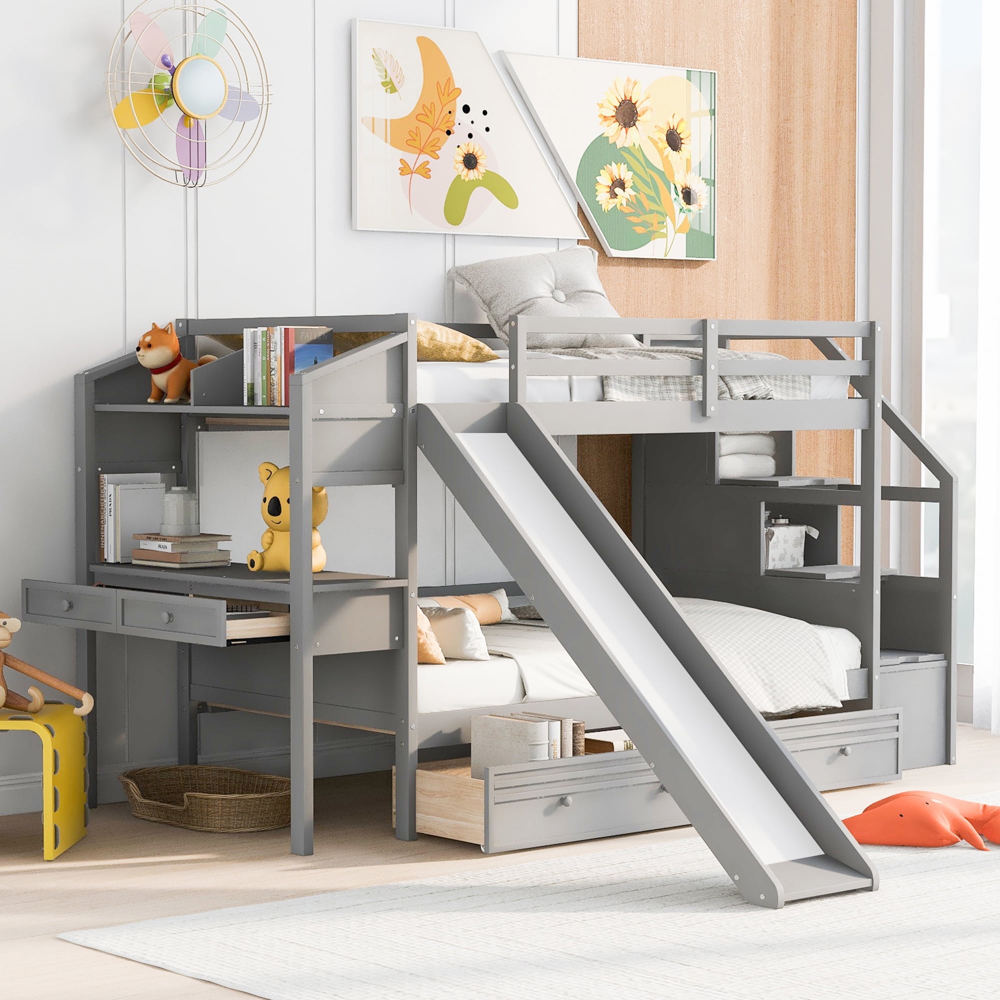Harper & Bright Designs Twin Over Twin Bunk Bed with Slide and Desk for