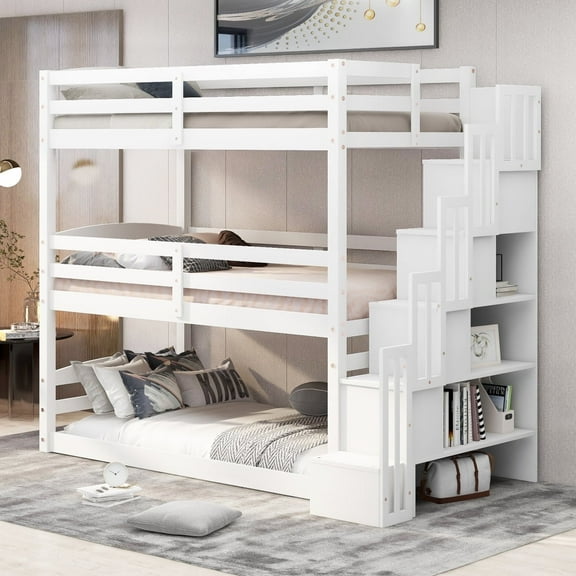 Harper & Bright Designs Twin Over Twin Over Twin Triple Bunk Bed with Staircase, Wooden Floor Bunk Beds 3 Beds in 1, Detachable Triple Bed Can Convertible into Twin Bunk Beds & Loft Bed
