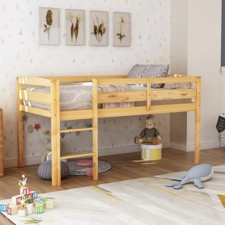 Harper & Bright Designs Twin Wood Loft Bed Low for Boys Girls with Ladder, Walnut