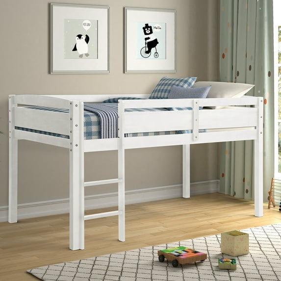 Harper & Bright Designs Twin Wood Loft Bed Low for Bedroom with Ladder, White