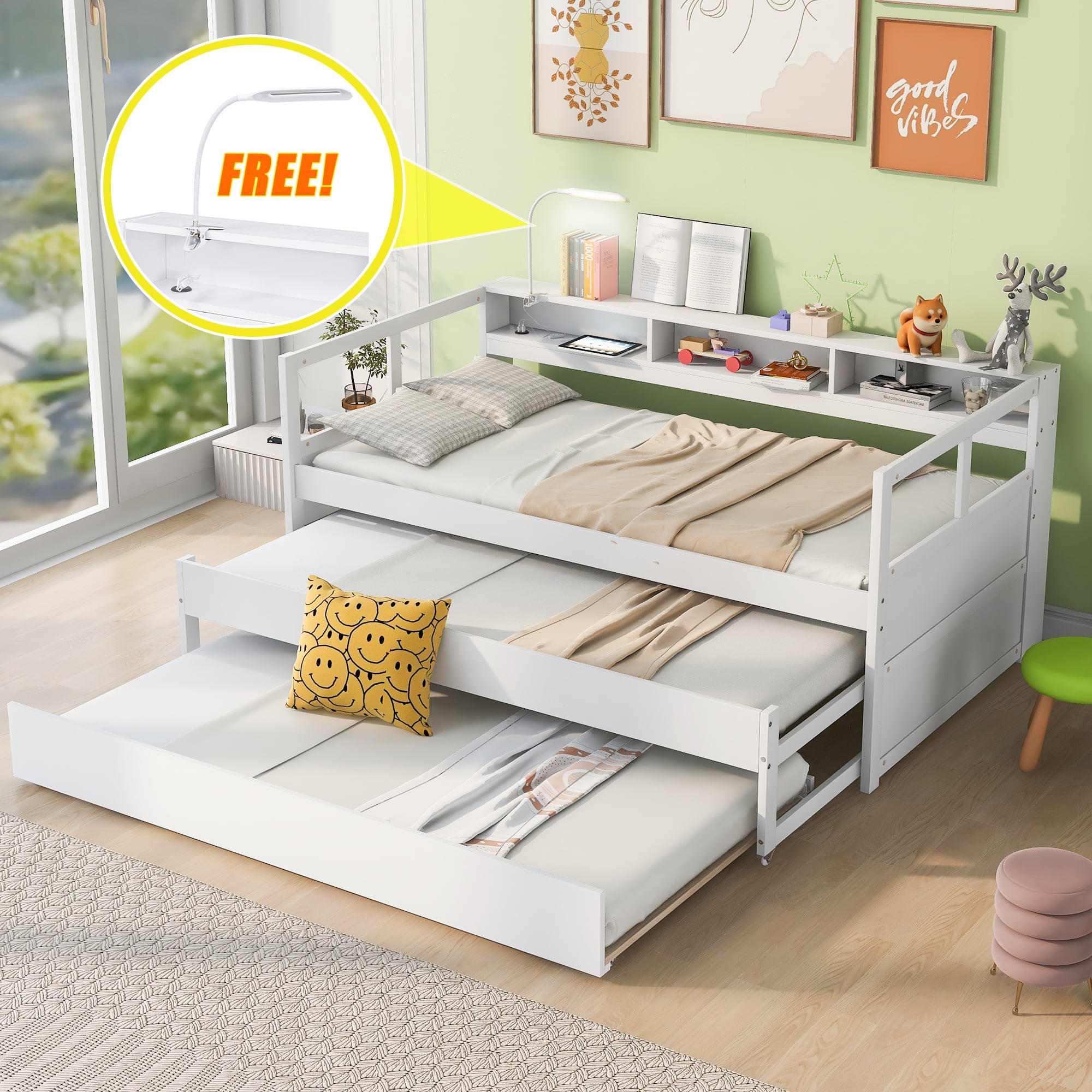 Churanty Twin XL Size Daybed with 2 Trundles and Storage Shelves Wood Sofa Bed Frame with USB Charging Design and 1 Light for Free White