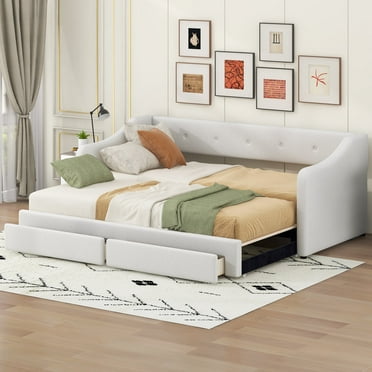 Harper & Bright Designs Twin XL to King Size Linen Upholstered Daybed with Two Drawers, Extendable Daybed Frame with Pop-up Trundle Bed for Guest Room, Beige