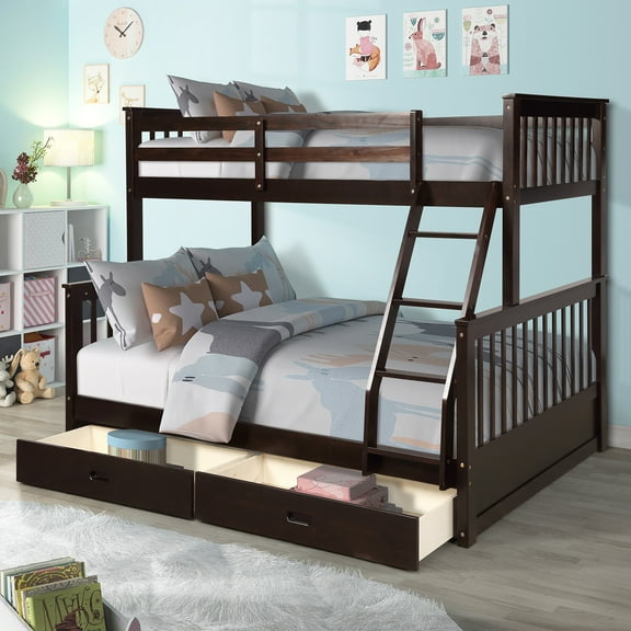 Harper & Bright Designs Twin over Full Bunk Bed with Ladders and Two Storage Drawers, Espresso
