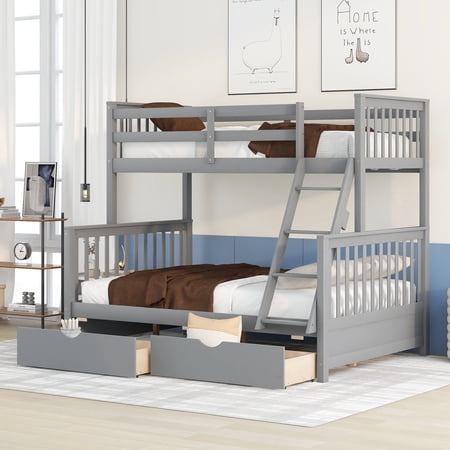 Harper & Bright Designs Solid Wood Twin Over Full Bunk Bed with Two Storage Drawer, Removable Ladder and Safety Guardrail, Convertible to 2 Separated beds