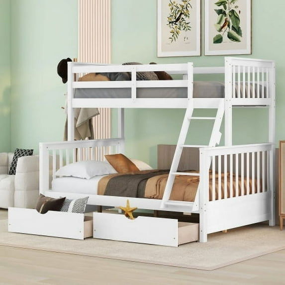 Harper & Bright Designs Twin over Full Bunk Bed with Ladders and Two Storage Drawers, White