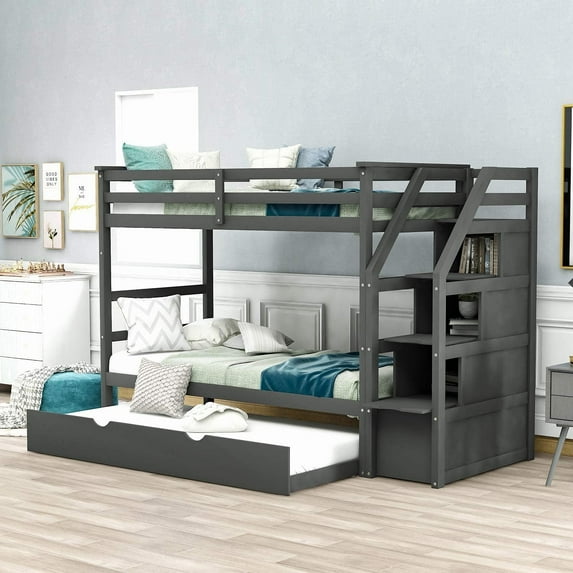 Harper & Bright Designs Twin over Twin Bunk Bed for Bedroom, Wood Twin Bunk Bed with Storage and Trundle, Grey