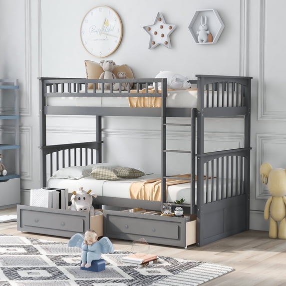 Harper & Bright Designs Twin over Twin Wood Bunk Bed with Drawers, Convertible Bunk Bed with Two Storage Drawers, Solid Wood Detachable Bunk Bed Frame, Gray