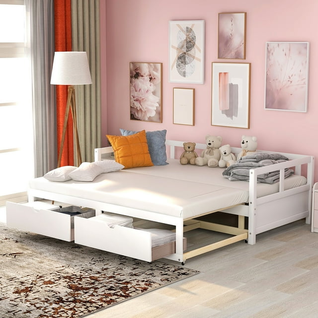 Harper & Bright Designs Twin to King Wooden Daybed with Twin Size Trundle Bed and Two Storage Drawers, Extendable Bed Frame, Sofa Bed for Bedroom Living Room, White