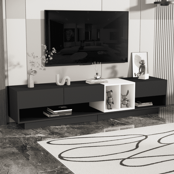 Harper & Bright Designs Two-Tone Media Console for TVs Up to 80'', Sleek and Stylish TV Stand with Storage, Functional TV Cabinet with Versatile Compartment for Living Room, Black