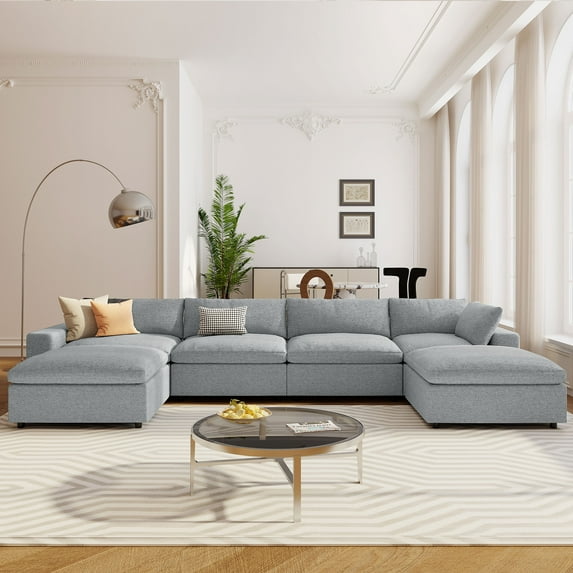 Churanty U Shaped Sectional Sofa with Ottoma,Oversized Convertible Upholstery Cloud Couch with Double Chaise and Down Filled for Living Room,Light Gray