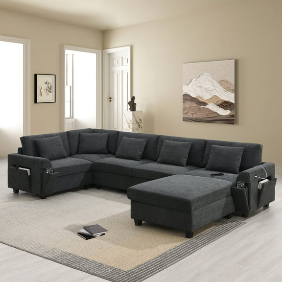 Harper & Bright Designs U-Shaped Sectional Sofa Set with Ottoman, Reversible Modular Chenille Couch with Cup Holders & USB Ports, 6 Seat Wide Seating Sofa with Hidden Storage Armrests, Black