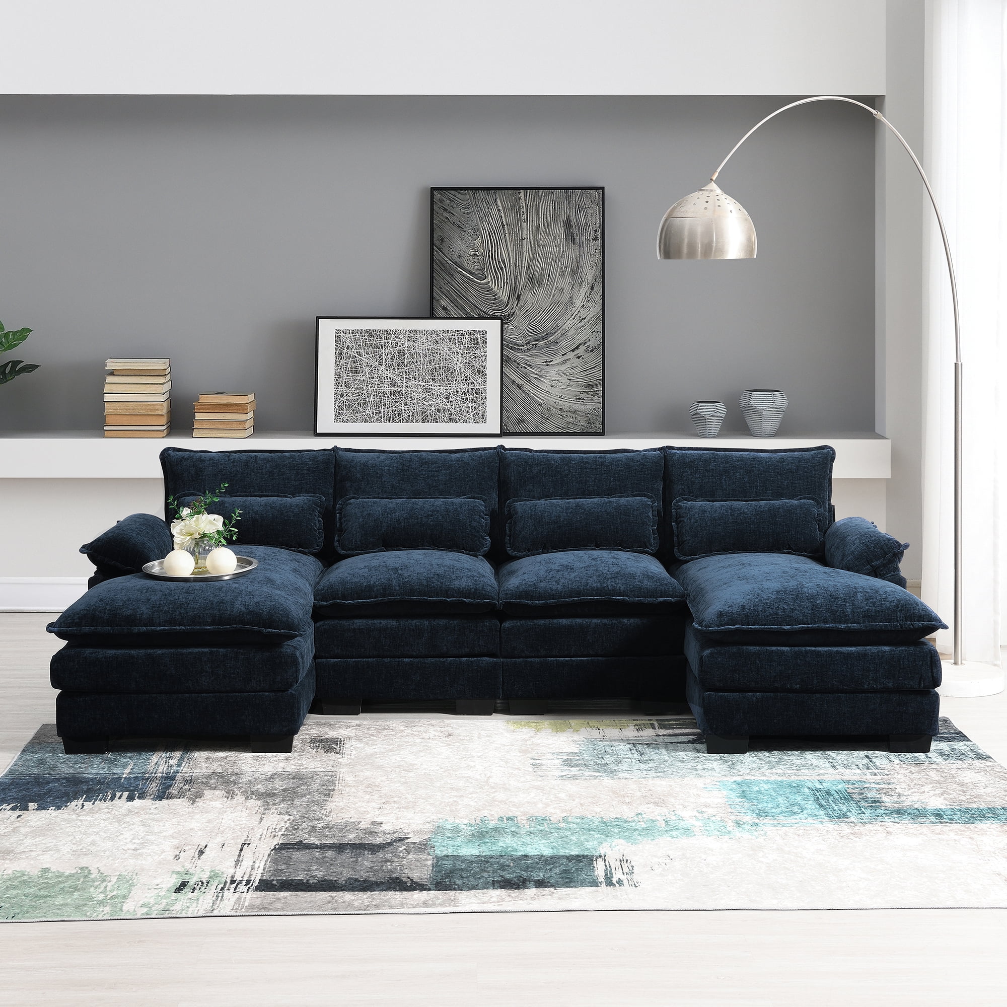 Churanty U shaped Sectional Sofa with 2 Chaise Lounge, Modern 4-seat Chenille Cloud Couch with Waist Pillows for Living Room Apartment,Blue