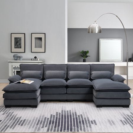 Harper & Bright Designs U shaped Sectional Sofa with 2 Chaise Lounge, Modern 4-seat Chenille Cloud Couch with Waist Pillows for Living Room Apartment, Gray