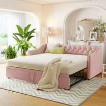 Harper & Bright Designs Upholstered Daybed with Pop Up Trundle, Twin to King Size Velvet Upholstery Daybed Sofa Bed with Armrests for Bedroom Guest Room, Pink