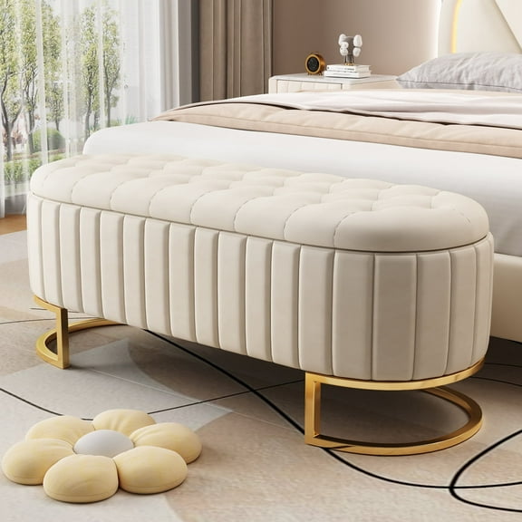 Harper & Bright Designs Upholstered Velvet Storage Ottoman Storage Bench with Button-Tufted Metal Legs for Bedroom Living Room Entryway, Beige