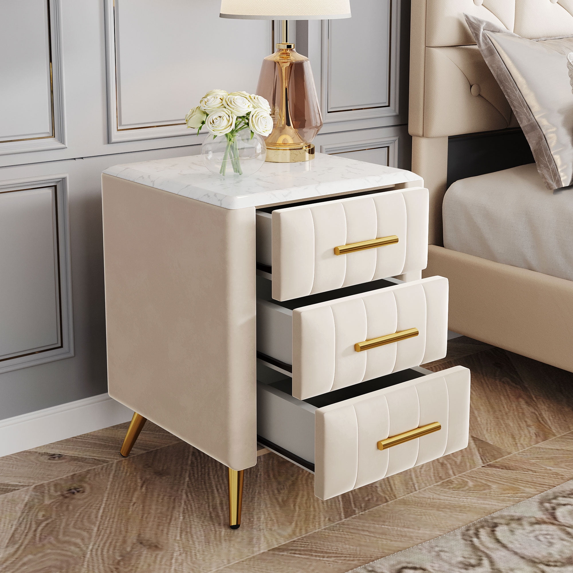 Beige Velvet 3-Drawer Nightstand with Faux Marble Top