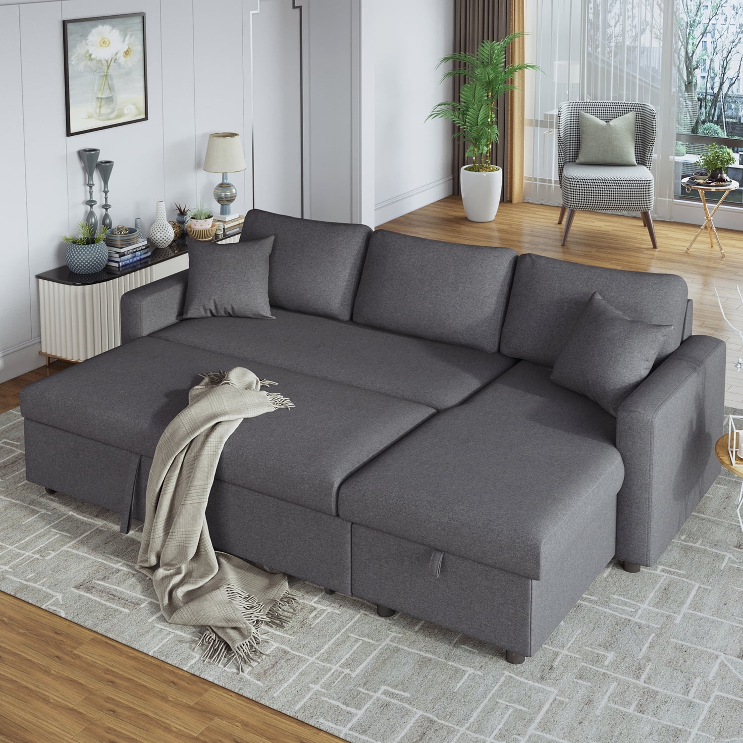 Churanty Upholstery Sleeper Sectional Sofa Pull Out Bed with Storage  Chaise,Gray 