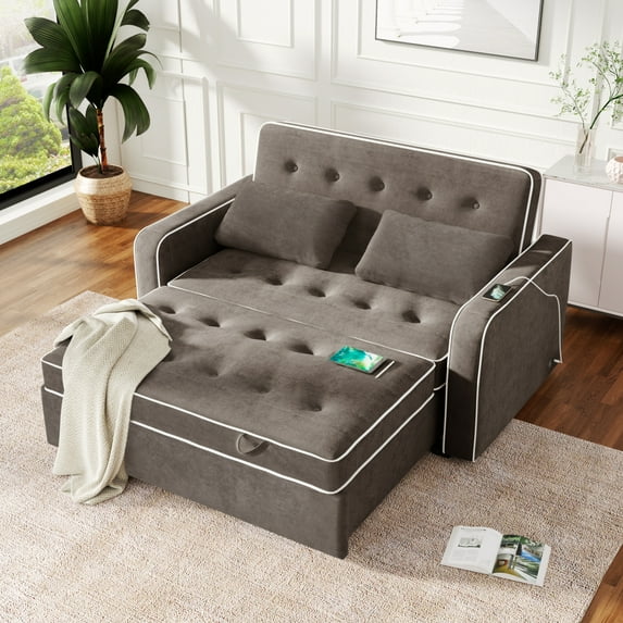 Harper & Bright Designs Velvet Convertible Sleeper Sofa Bed with Adjustable Backrest, Pull-Out Bed with USB Charging Ports, Loveseat with Pull Out Bed for Apartments Small Spaces, 61.4" Brown Gray
