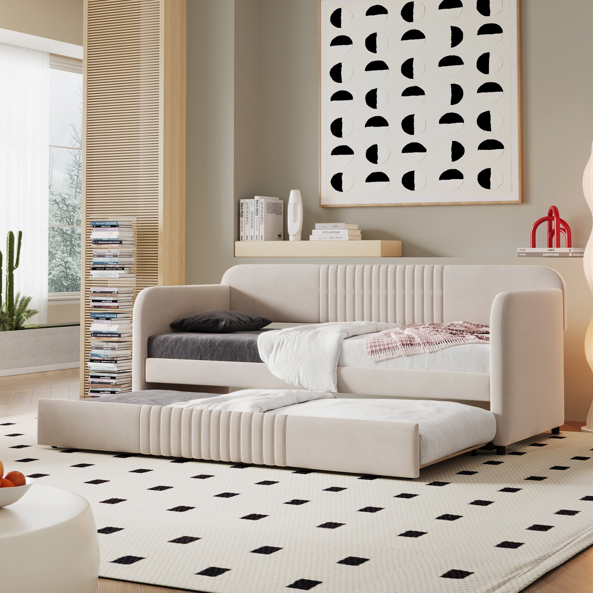 Harper & Bright Designs Velvet Upholstered Daybed with Trundle, Wooden ...
