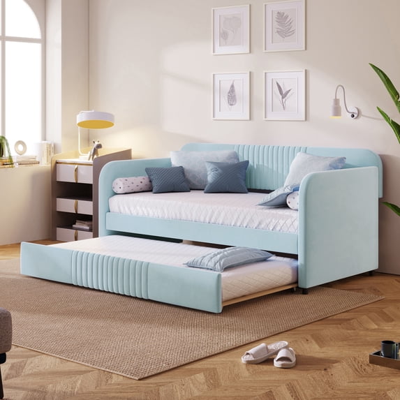 Harper & Bright Designs Velvet Upholstered Daybed with Trundle, Wooden Twin Size Daybed Frame, Tufted Sofa Bed Daybed for Bedroom Living Room, Light Blue