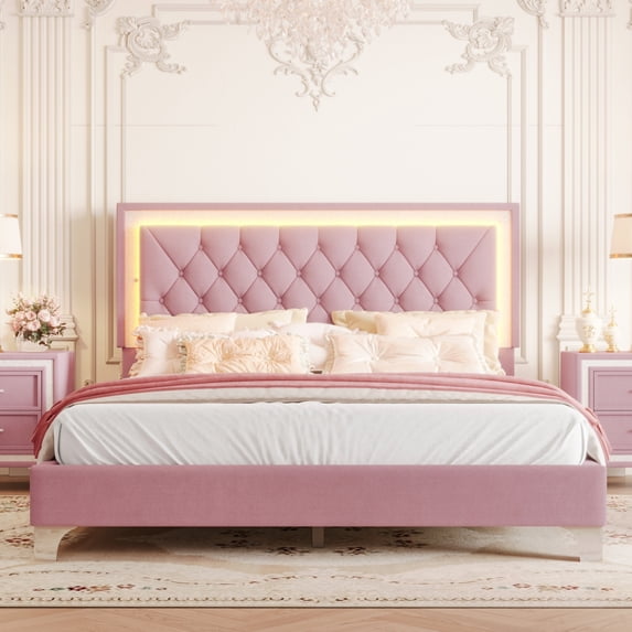 Harper & Bright Designs Velvet Upholstered LED Platform Bed, Queen Size Modern Platform Bed Frame with LED Lights and Tufted Headboard, Pink