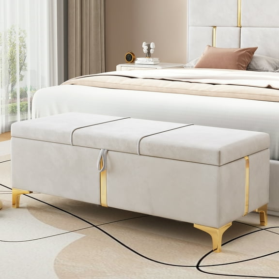 Harper & Bright Designs Velvet Upholstered Storage Ottoman, Storage Bench with Metal Legs for Bedroom Living Room, Beige