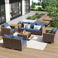 thumbnail image 1 of Harper & Bright Designs Wicker Outdoor Patio Furniture Set for 7 with Acacia Storage Table, Patio Rattan Conversation Set with 2 Swivel Rocking Chairs Set and 3 Seater Sofa & Loveseat, Blue+Brown, 1 of 18