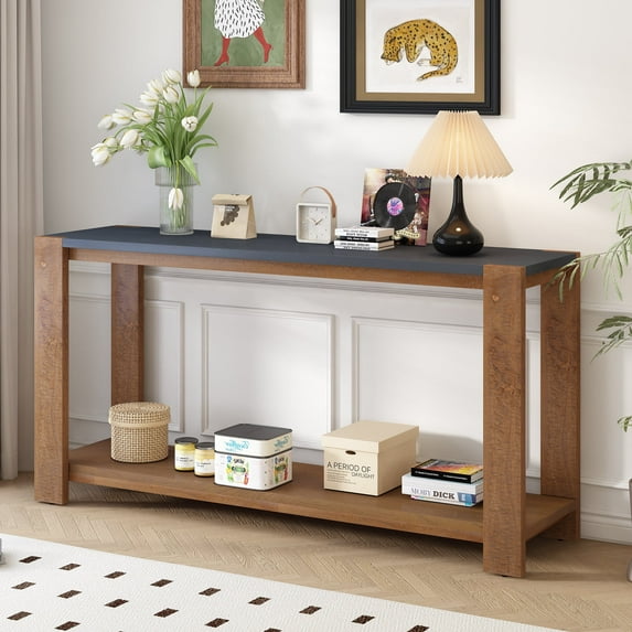 Harper & Bright Designs Wood Console Table with Bottom Shelf, Contemporary Minimalism Entryway Entrance Table for Hallway Living Room, 59.8'' Black+Brown