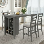 Churanty Wood Counter Height Dining Set for 4 Multi Functional Dining Table with Wine Rack and Padded Chairs, Wineglass Holders for Dining Room,Gray
