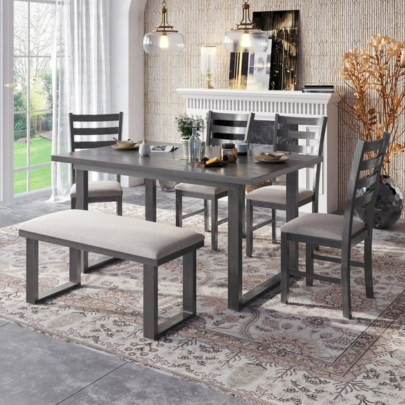 Harper & Bright Designs Wood DiningTable Set 6 Pieces Rectangular Kitchen Table Upholstered Bench and 4 Dining Chairs with Cushion, Gray
