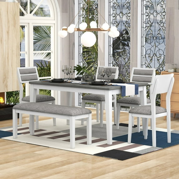 Harper & Bright Designs Wood Farmhouse 6 Pieces Dining Table Set with Bench, Rectangle Table and 4 Upholstered Chairs with Pad, White + gray