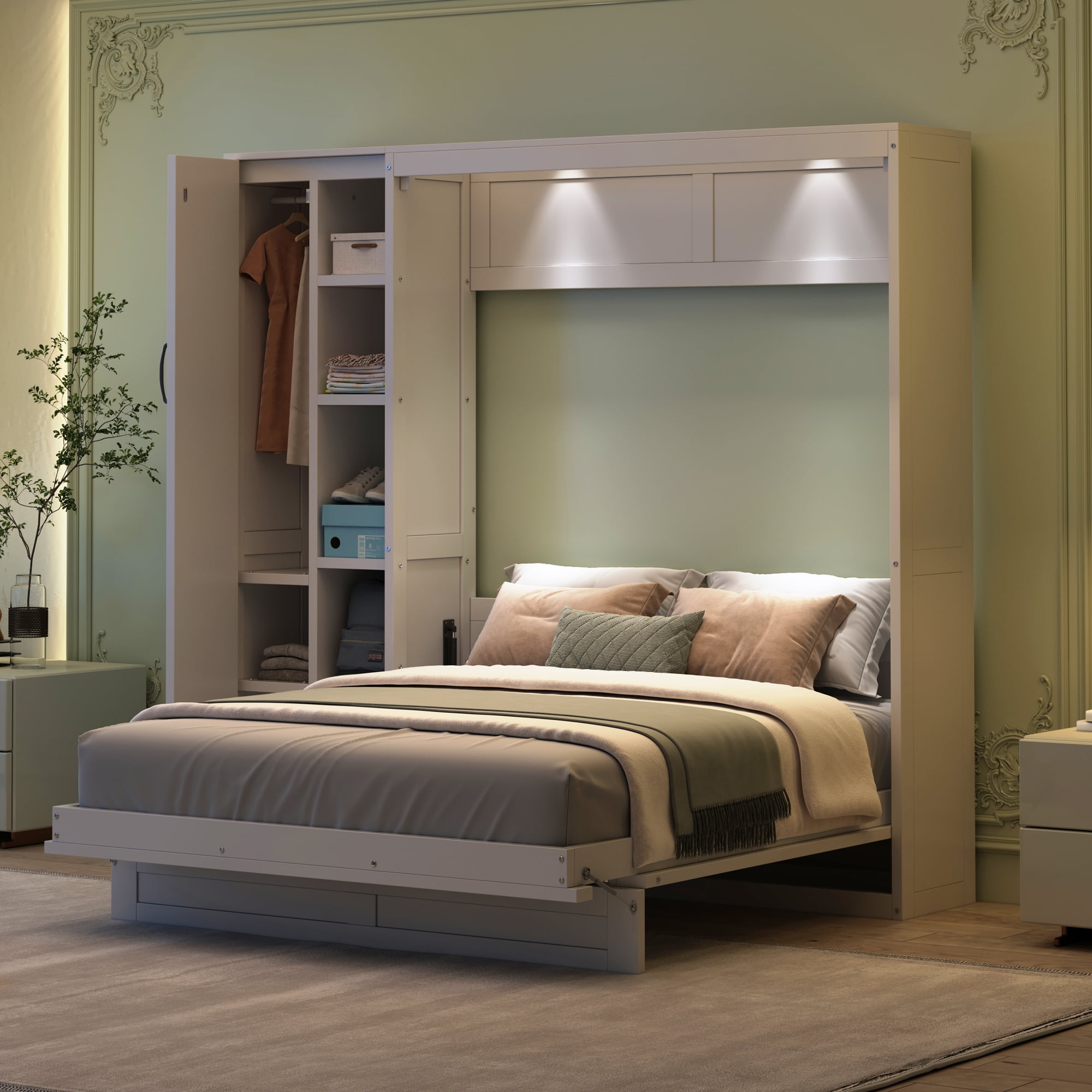 Churanty Wood Full Size Murphy Bed with Wardrobe, Folding Wall Bed ...