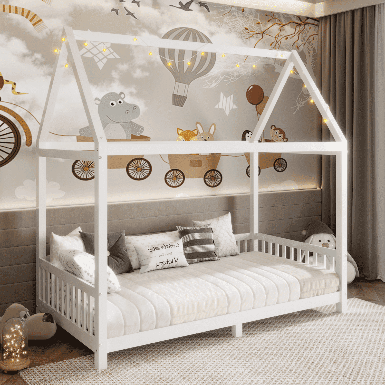 Harper & Bright Designs Wood House Bed Twin Size Floor Bed with Fence, Twin Montessori Bed Frame with LED Light for Girls & Boys, White