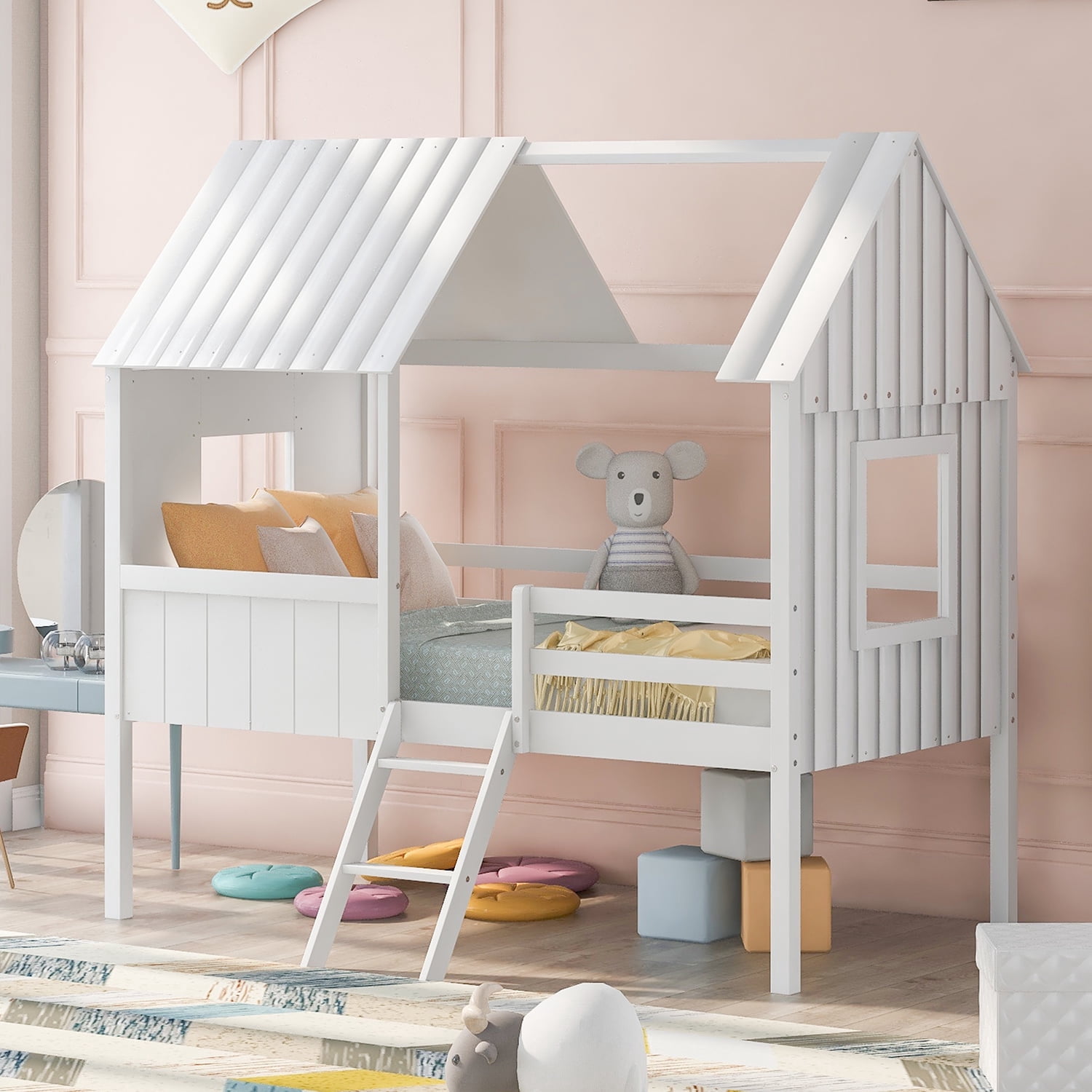 Harper & Bright Designs Wood House Bed Twin Size Low Loft Bed with Two ...