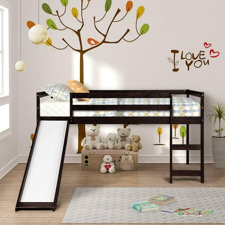 Harper & Bright Designs Wood Loft Bed with Slide for Boys Girls, Low ProfileMini Loft Bed Twin Size with Ladder, Expresso
