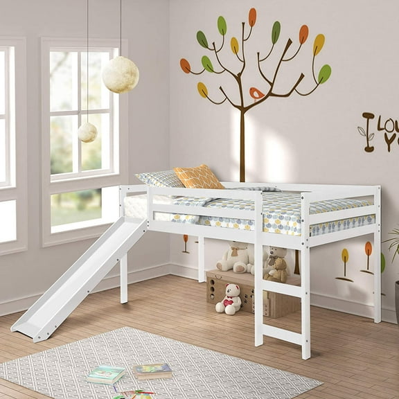 Harper & Bright Designs Wood Loft Bed with Slide for Boys Girls, Low ProfileMini Loft Bed Twin Size with Ladder, White