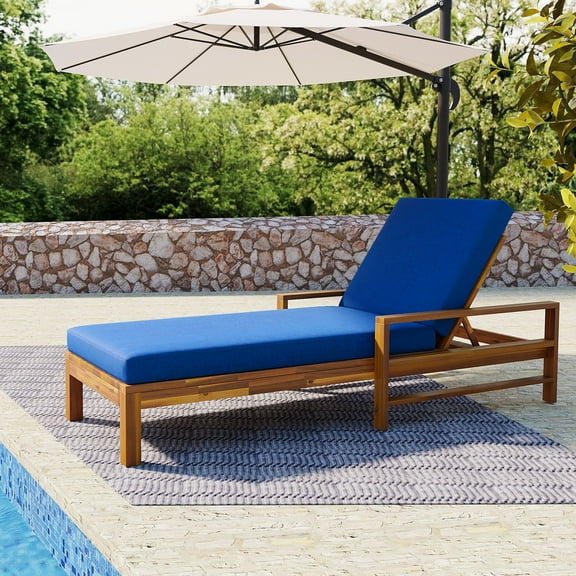 Harper & Bright Designs Wood Outdoor Lounge Chaise Patio Sunbed, PE Wicker Reclining Daybed with Adjustable Backrest & Cushions for Gardens Terraces Poolside, Natural+ Blue