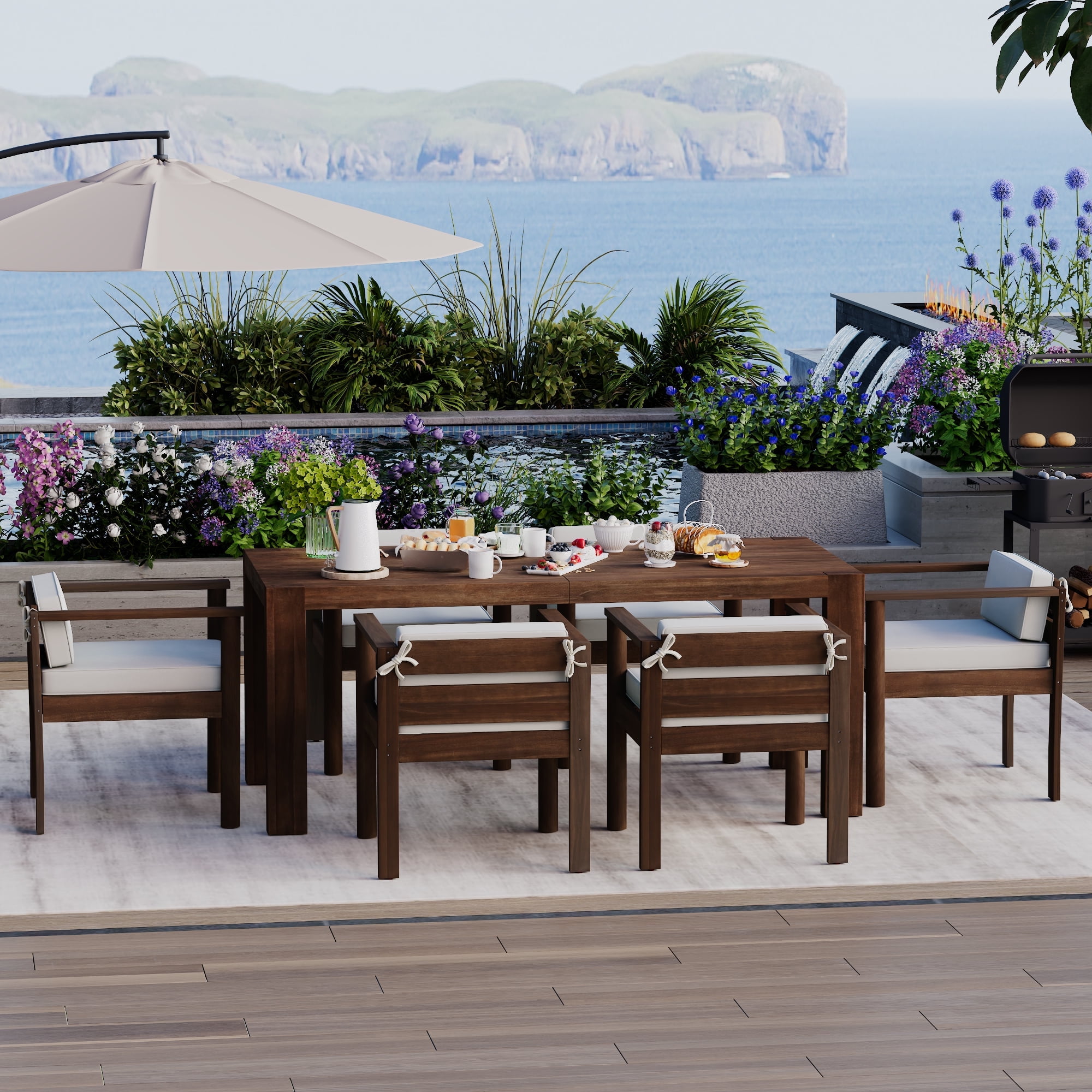 Harper & Bright Designs Wood Patio Dining Table Set for 6, Outdoor All-Weather Patio Dining Furniture with Rectangle Table and Chairs Set with Removable Cushions for Backyard Garden, Beige, Mocha