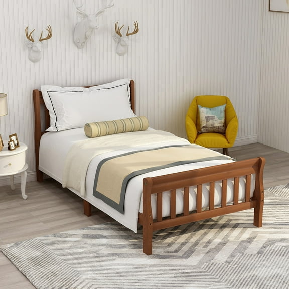 Harper & Bright Designs Wood Platform Bed Twin Bed Frame Panel Bed Mattress Foundation Sleigh Bed with Headboard