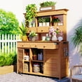 thumbnail image 1 of Harper & Bright Designs Wood Potting Bench with Hutch, Garden Workstation with Table & Drawer, Outdoor Planting Table with Adjustable Shelves and Side Hooks, Natural, 1 of 16