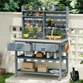thumbnail image 1 of Harper & Bright Designs Wood Potting Bench with Hutch Outdoors, Garden Workstation with Stainless Steel Top Table & Wheels, Outdoor Planting Table with Shelves and Towel Rack, Grey+Blue, 1 of 14