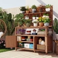 thumbnail image 1 of Harper & Bright Designs Wood Potting Bench with Hutch Outdoors, Garden Workstation with Table & Cabinet for Garden, Outdoor Planting Table with Shelves and Side Hooks, Natural, 1 of 17