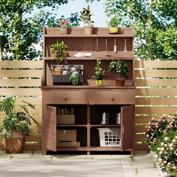 Harper & Bright Designs Wood Potting Bench with Hutch, Garden Workstation with Table & Drawer, Outdoor Planting Table with Storage Shelves and Cabinet, Brown