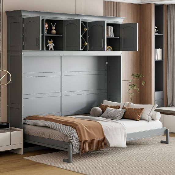 Harper & Bright Designs Wood Queen Size Murphy Bed Wall Bed with Top Cabinets & Wine Rack, Murphy Bed Chest Cabinet Bed Platform Bed, Gray
