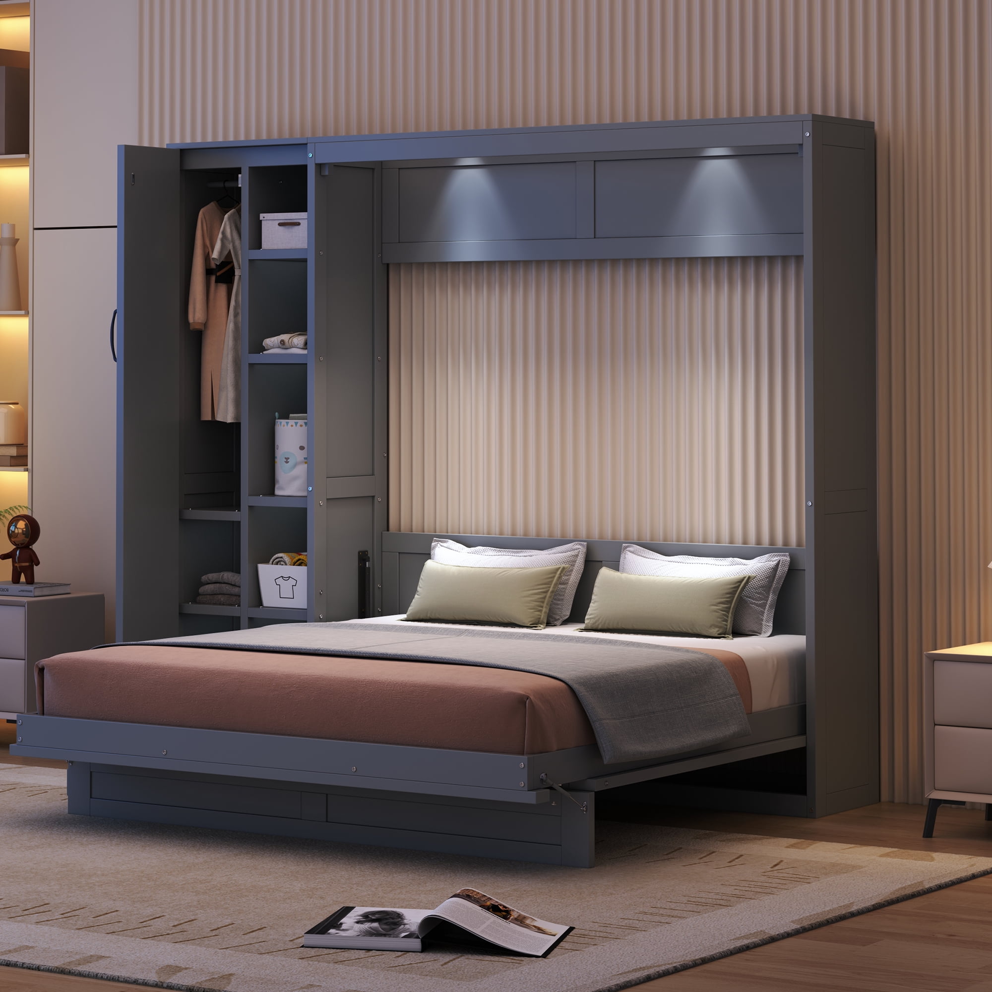 Churanty Wood Queen Size Murphy Bed with Wardrobe, Folding Wall Bed ...