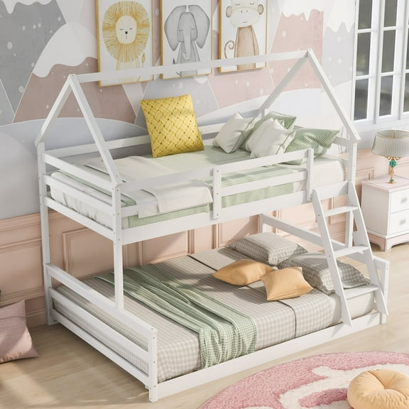 Harper & Bright Designs Wood Twin Over Full Bunk Bed, Solid Wood House Bed Frame Built in Ladder, Convertible to 2 Beds, Floor Bunk Bed, White